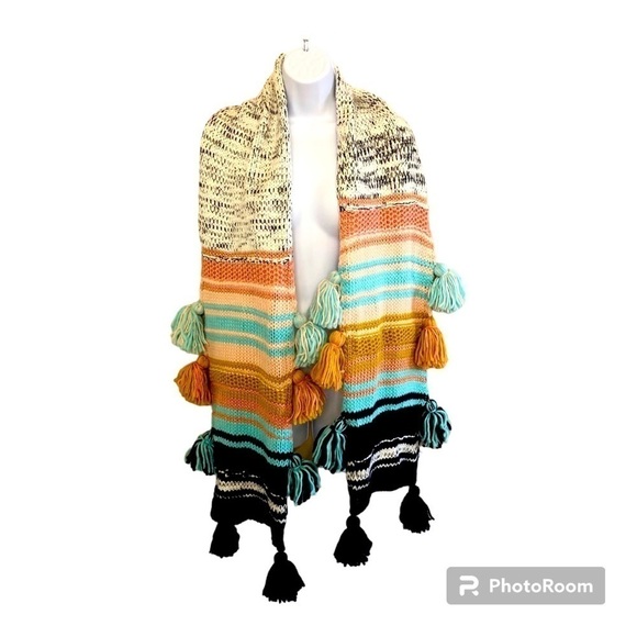 Altar’d State Multicolor Striped Tassel Chunky Knitted Scarf OS - Picture 1 of 7